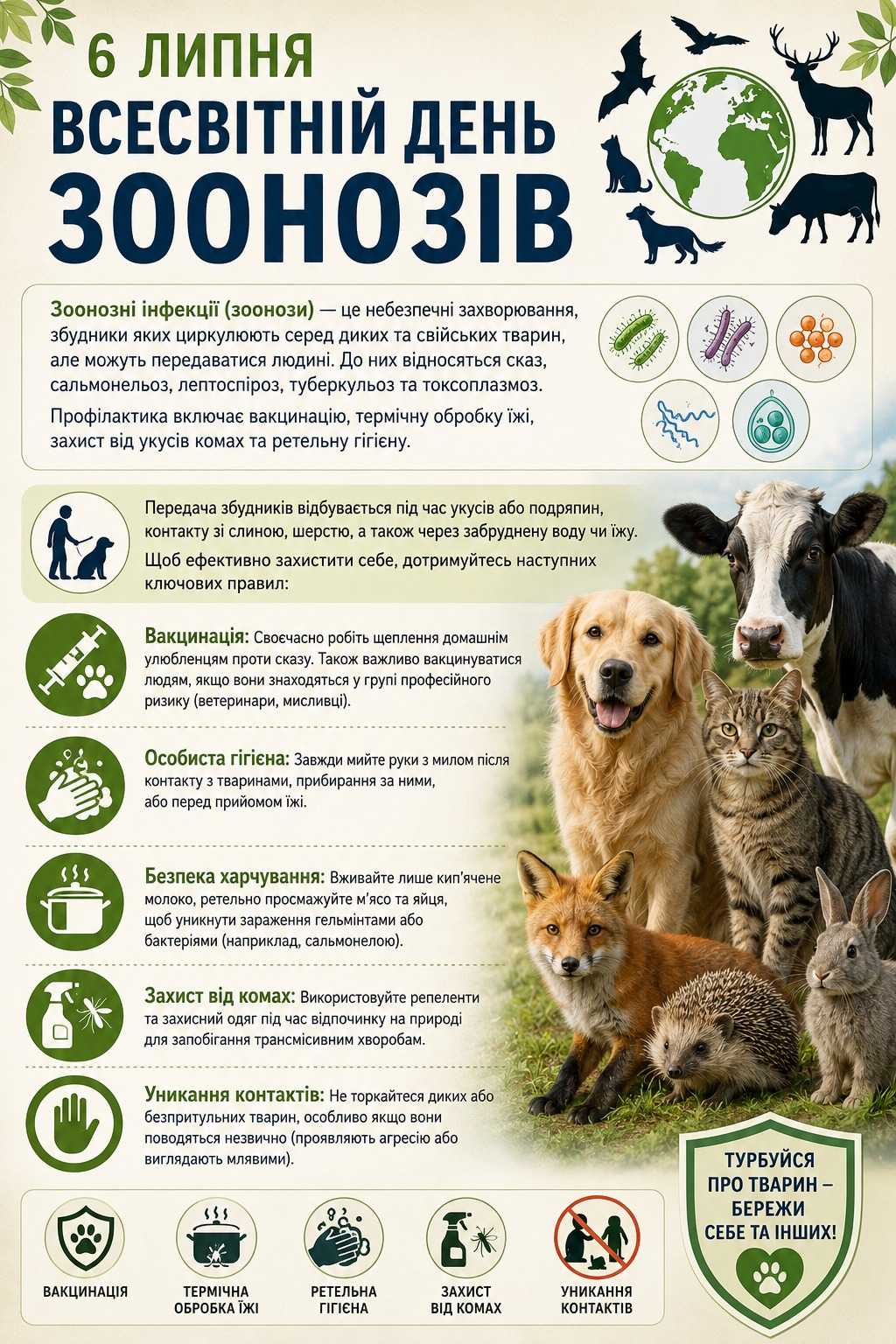 6 липня — Всесвітній день боротьби із зоонозами, інфекціями, які передаються від тварин до людей!